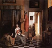 Pieter de Hooch - Mother Lacing Her Bodice beside a Cradle